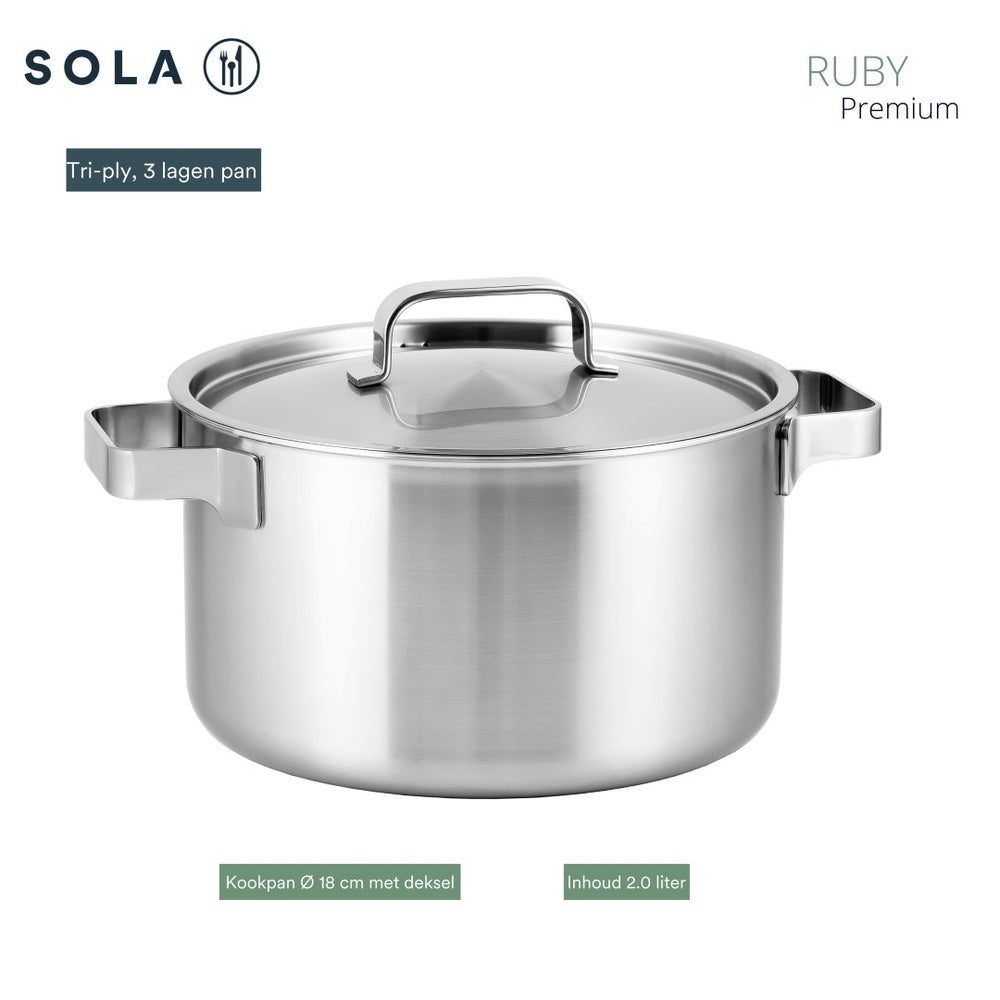 Batterie de cuisine Sola Ruby 4 pièces Premium Triply Inox - Casserole ø 16, 18, 20 cm & Casserole ø 16 cm - Induction compatible