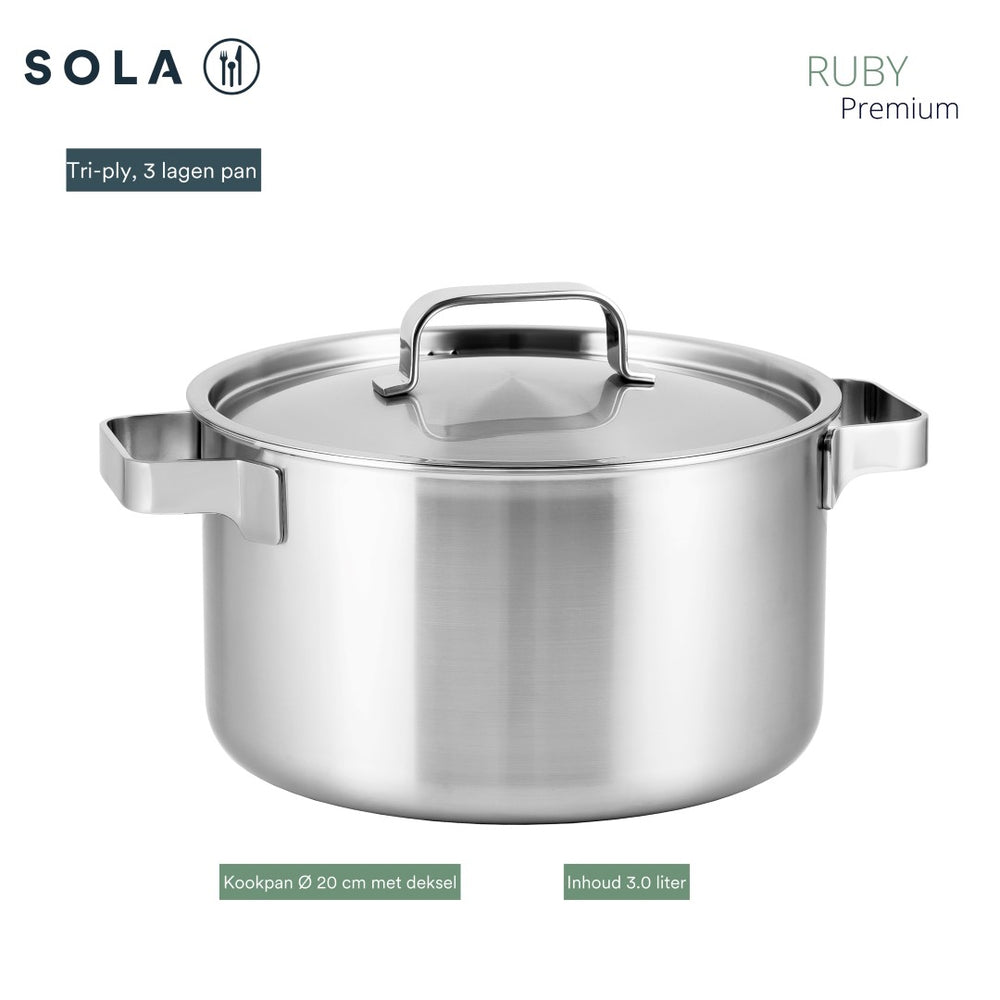 Batterie de cuisine Sola Ruby 4 pièces Premium Triply Inox - Casserole ø 16, 18, 20 cm & Casserole ø 16 cm - Induction compatible