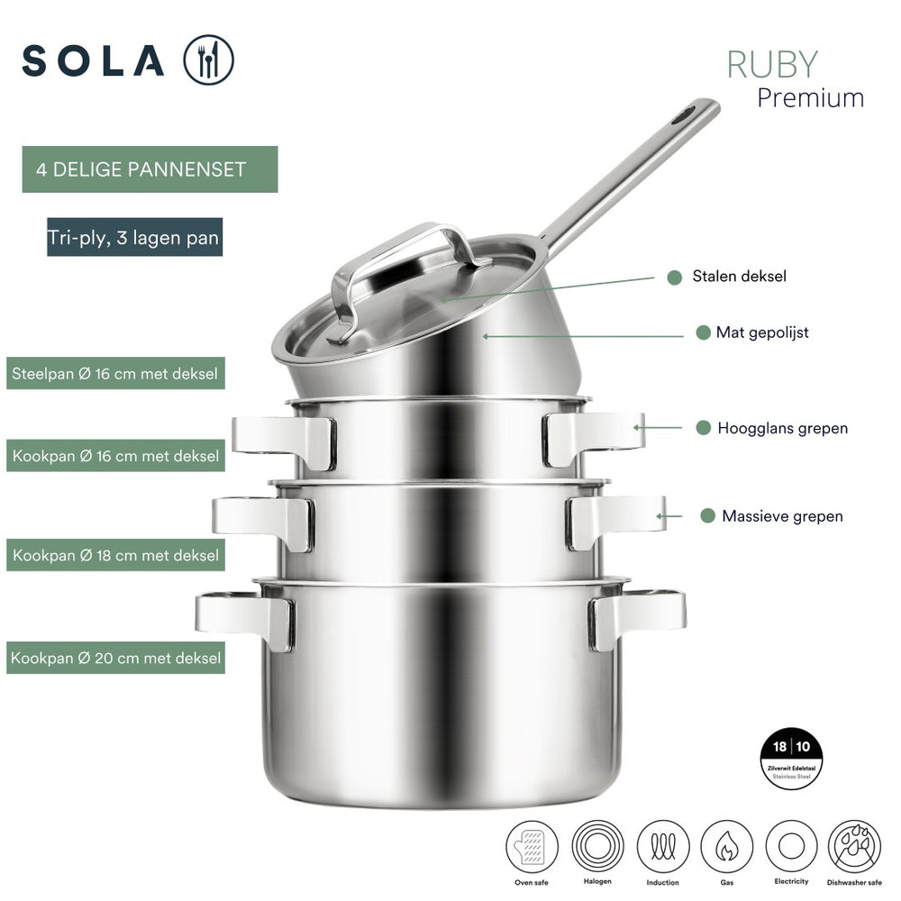 Batterie de cuisine Sola Ruby 4 pièces Premium Triply Inox - Casserole ø 16, 18, 20 cm & Casserole ø 16 cm - Induction compatible