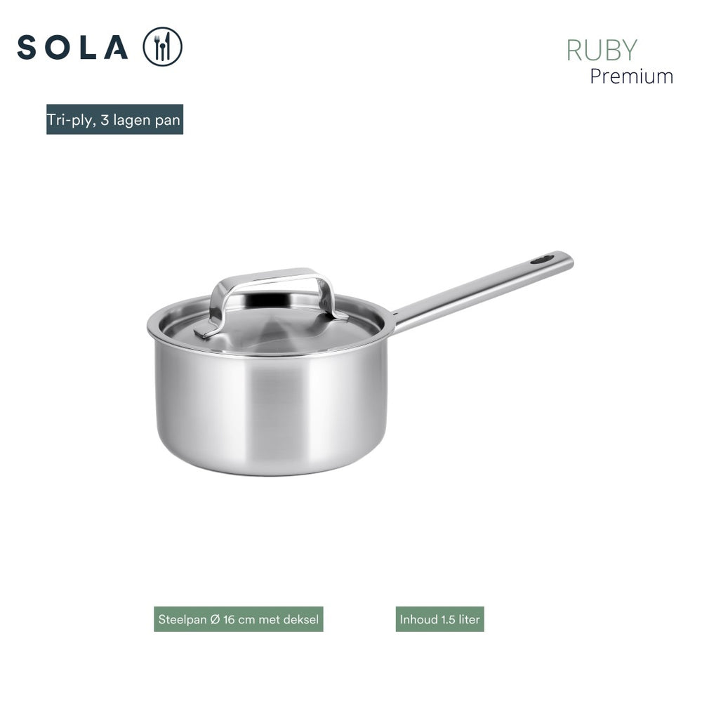 Batterie de cuisine Sola Ruby 4 pièces Premium Triply Inox - Casserole ø 16, 18, 20 cm & Casserole ø 16 cm - Induction compatible