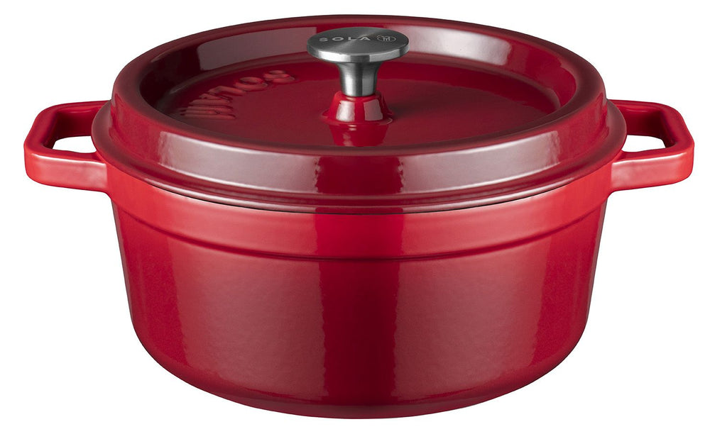 Sola Cocotte avec couvercle en Fonte - Rouge - ø 24 cm / 3.2 Litres - revêtement antiadhésif émaillé