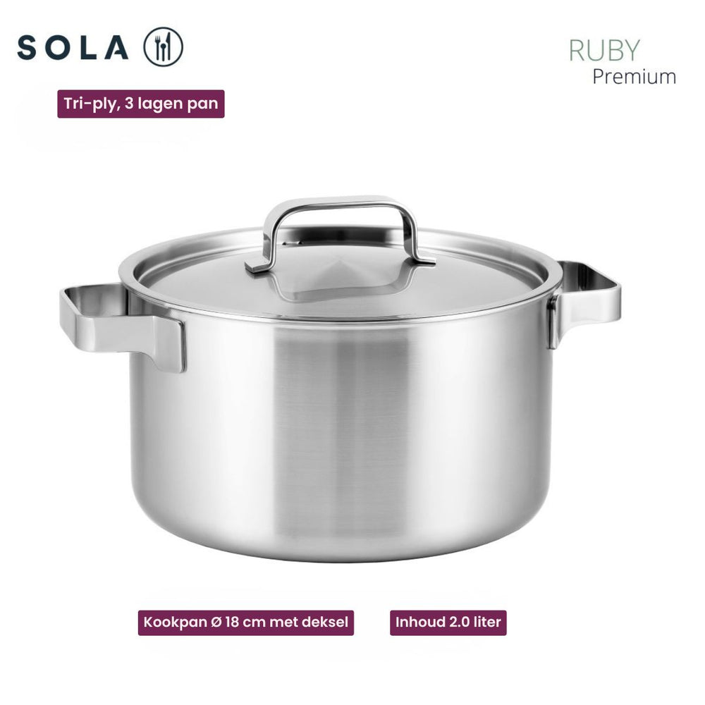 Batterie de cuisine Sola Ruby 5 pièces Premium Triply Inox - Casserole ø 16, 18, 20, 24 cm & Casserole ø 16 cm - compatible avec toutes les sources de chaleur