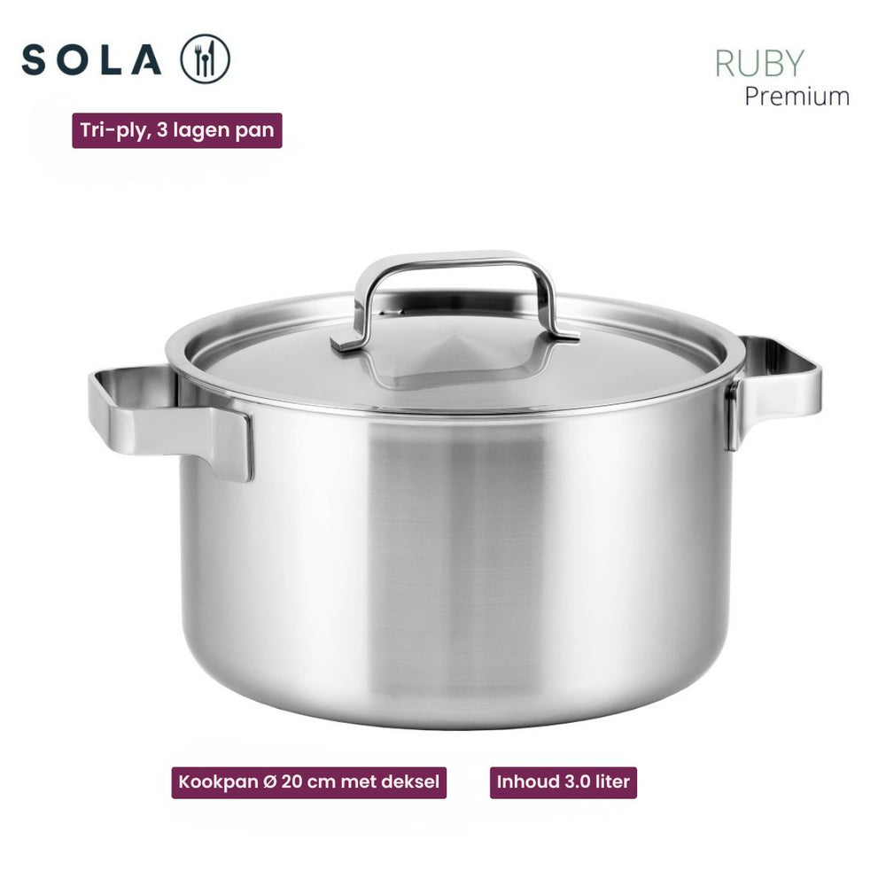 Batterie de cuisine Sola Ruby 5 pièces Premium Triply Inox - Casserole ø 16, 18, 20, 24 cm & Casserole ø 16 cm - compatible avec toutes les sources de chaleur