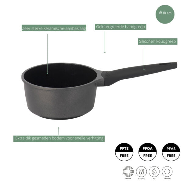 Sola Casserole avec couvercle Ceramic Deluxe - Revêtement antiadhésif en céramique - ø 18 cm / 1,5 litre - Convient à toutes les sources de chaleur