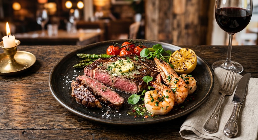 Poisson et viande de luxe sur une seule assiette, simplement à la maison.