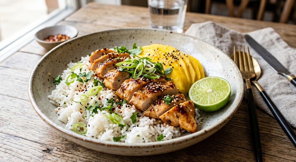 Riz crémeux à la noix de coco, poulet juteux et mangue fraîche, prêt à être servi.