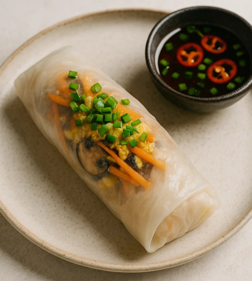 Rouleaux vietnamiens frais et légers, garnis de légumes et d'œuf, servis avec du Tamari