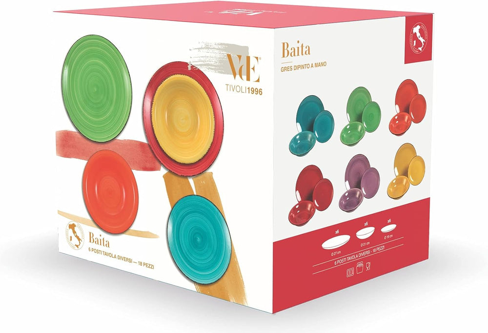 Service de table Villa d'Este Home Baita multicolore 18 pièces / 6 personnes - 6 assiettes à dîner, 6 assiettes à petit-déjeuner et 6 assiettes creuses