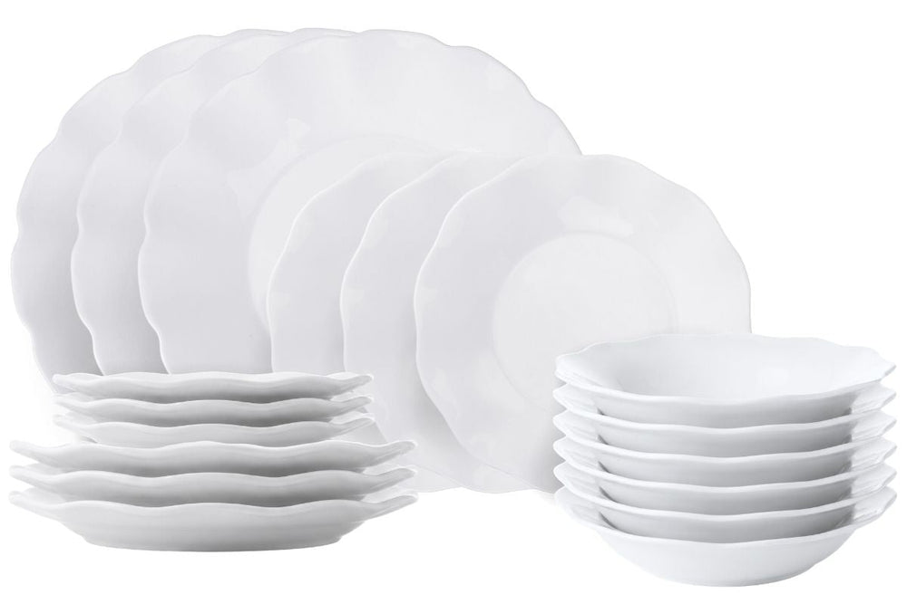 Service de table Villa d'Este Home Scallop Blanc Opaal 18 pièces / 6 personnes - 6 assiettes à dîner, 6 assiettes à petit déjeuner et 6 assiettes creuses