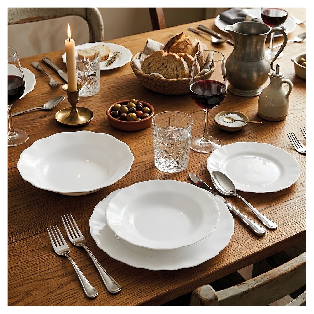 Service de table Villa d'Este Home Scallop Blanc Opaal 18 pièces / 6 personnes - 6 assiettes à dîner, 6 assiettes à petit déjeuner et 6 assiettes creuses