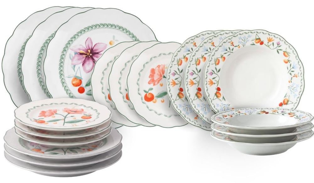 Service de table Villa d'Este Home Cherry Flowers Baita 18 pièces / 6 personnes - 6 assiettes à dîner, 6 assiettes à petit-déjeuner et 6 assiettes creuses