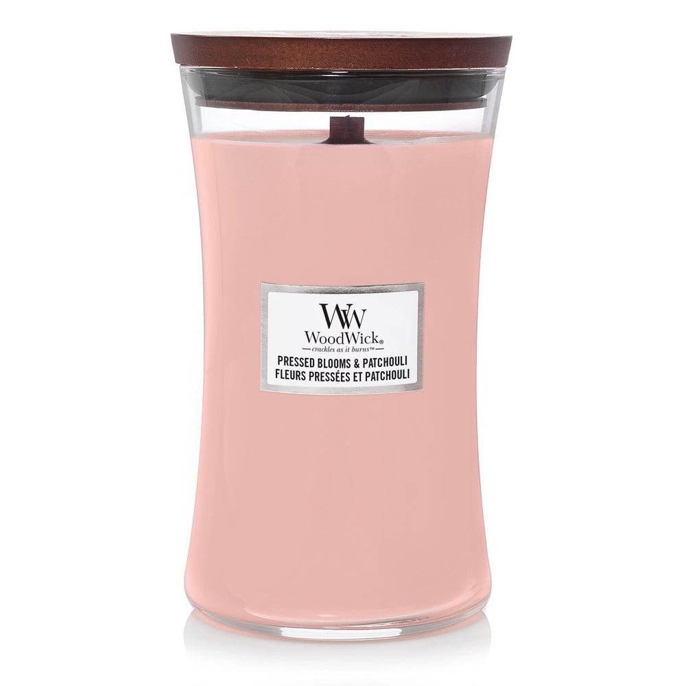 Bougie parfumée WoodWick - en verre - Pressed Blooms & Patchouli - 18 cm