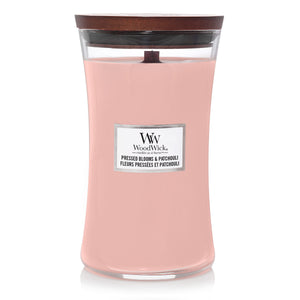 Bougie parfumée WoodWick - en verre - Pressed Blooms & Patchouli - 18 cm