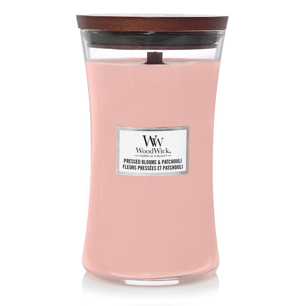 Bougie parfumée WoodWick - en verre - Pressed Blooms & Patchouli - 18 cm