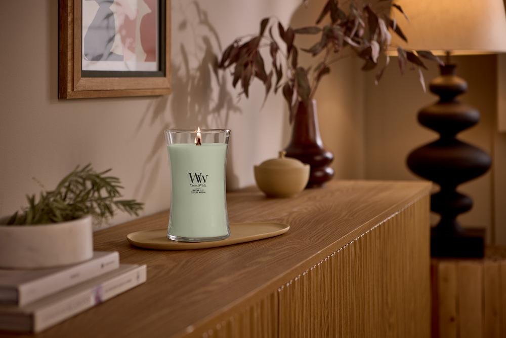 Bougie Parfumée WoodWick Grande Matcha Zest - 18 cm / ø 10 cm - Bougie Parfumée en Verre - Mèche en Bois