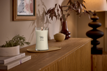 Bougie parfumée WoodWick Large Patchouli Crème - 18 cm / ø 10 cm - Bougie parfumée en verre - Mèche en bois