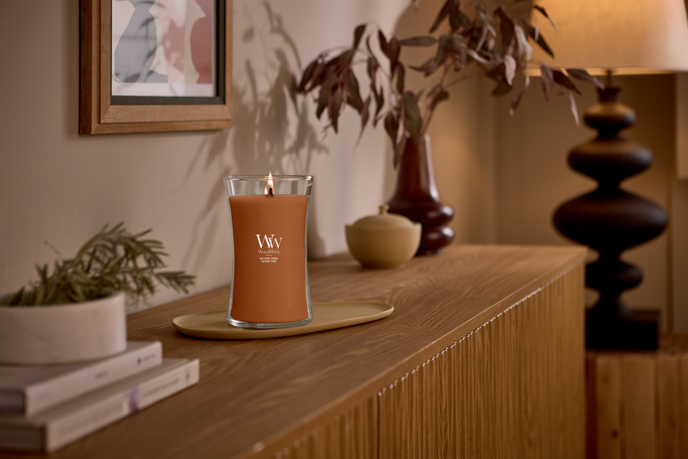 Bougie Parfumée WoodWick Grande Saffron Smoke - 18 cm / ø 10 cm - Bougie Parfumée en Verre - Mèche en Bois