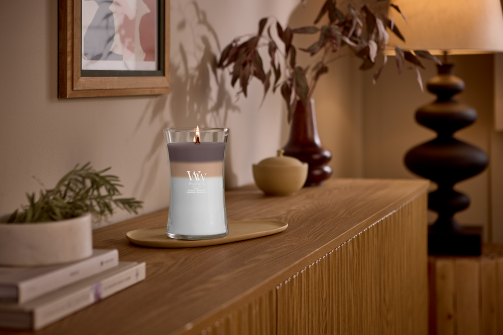 Bougie parfumée WoodWick Large Trilogy Radiant Cashmere - 18 cm / ø 10 cm - Bougie parfumée en verre - Mèche en bois
