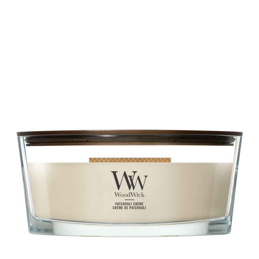Bougie Parfumée WoodWick Ellipse Patchouli Crème - 9 cm / 19 cm - Bougie Parfumée en Verre - Mèche en Bois
