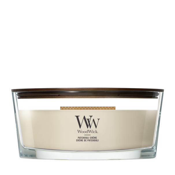 Bougie Parfumée WoodWick Ellipse Patchouli Crème - 9 cm / 19 cm - Bougie Parfumée en Verre - Mèche en Bois