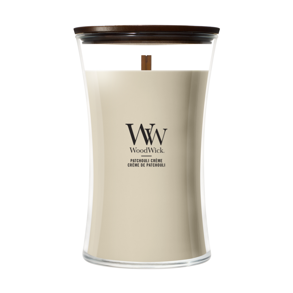 Bougie parfumée WoodWick Large Patchouli Crème - 18 cm / ø 10 cm - Bougie parfumée en verre - Mèche en bois