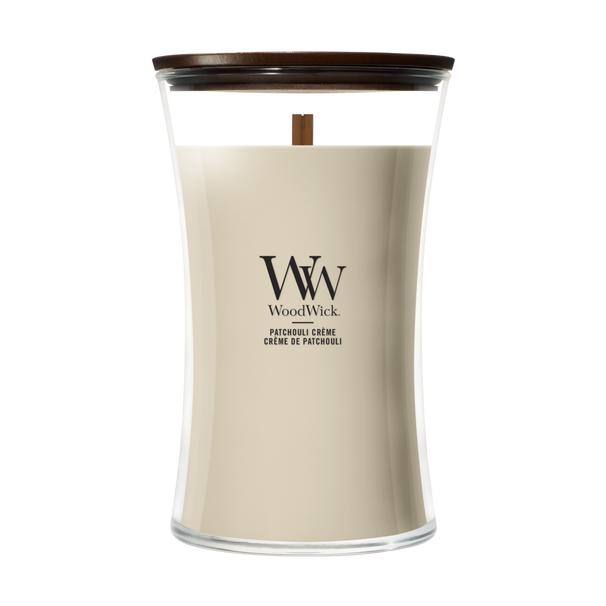 Bougie parfumée WoodWick Large Patchouli Crème - 18 cm / ø 10 cm - Bougie parfumée en verre - Mèche en bois