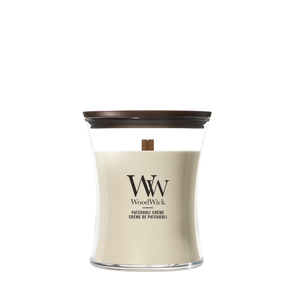 Bougie Parfumée WoodWick Medium Patchouli Crème - 11 cm / ø 10 cm - Bougie en Verre - Mèche en Bois