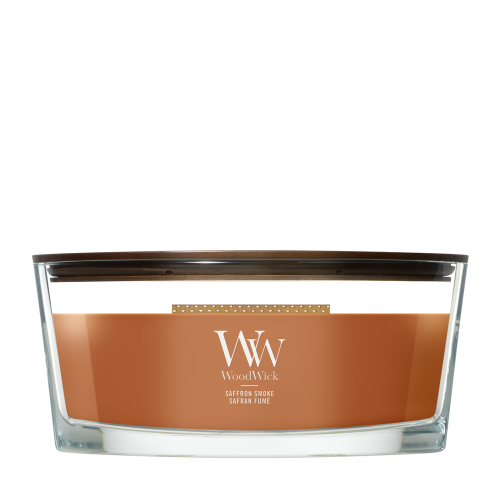 Bougie Parfumée WoodWick Ellipse Saffron Smoke - 9 cm / 19 cm - Bougie Parfumée en Verre - Mèche en Bois
