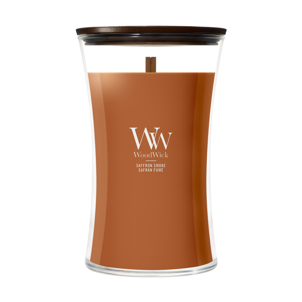 Bougie Parfumée WoodWick Grande Saffron Smoke - 18 cm / ø 10 cm - Bougie Parfumée en Verre - Mèche en Bois