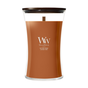 Bougie Parfumée WoodWick Grande Saffron Smoke - 18 cm / ø 10 cm - Bougie Parfumée en Verre - Mèche en Bois