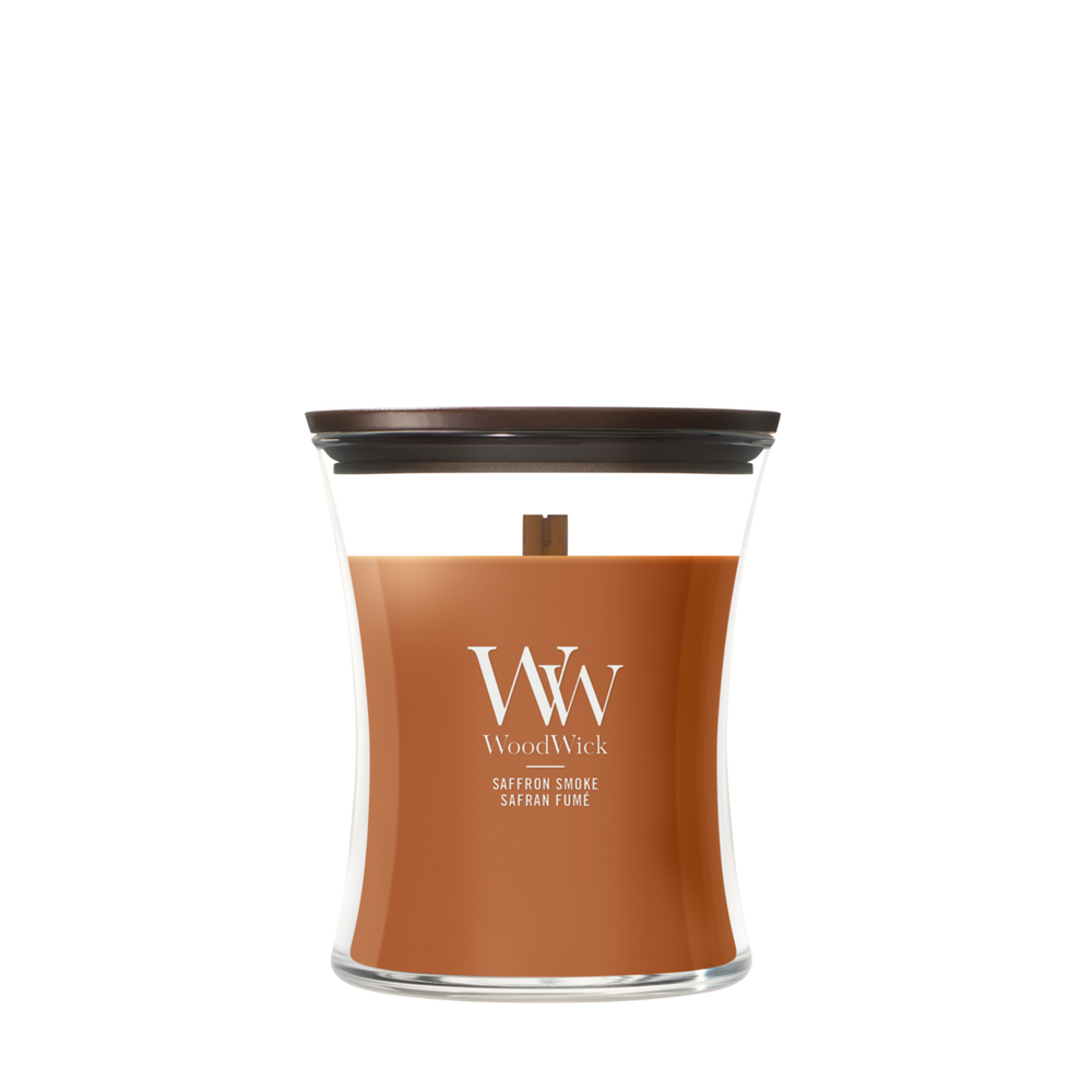 Bougie Parfumée WoodWick Medium Saffron Smoke - 11 cm / ø 10 cm - Bougie Parfumée en Verre - Mèche en Bois