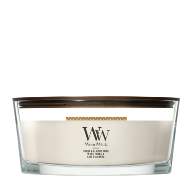 Bougie Parfumée WoodWick Ellipse Tonka & Almond Milk - 9 cm / 19 cm - Bougie Parfumée en Verre - Mèche en Bois