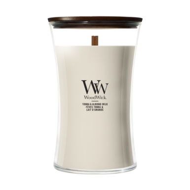 Bougie Parfumée WoodWick Grande Tonka & Almond Milk - 18 cm / ø 10 cm - Bougie en Verre - Mèche en Bois