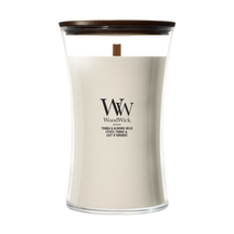 Bougie Parfumée WoodWick Grande Tonka & Almond Milk - 18 cm / ø 10 cm - Bougie en Verre - Mèche en Bois