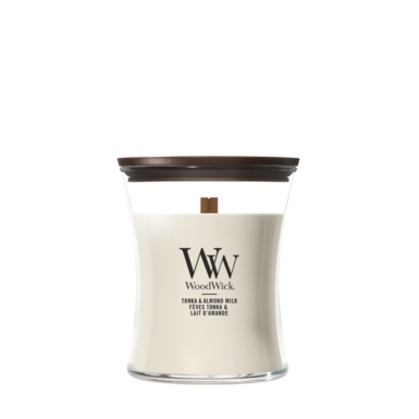 Bougie Parfumée WoodWick Medium Tonka & Almond Milk - 11 cm / ø 10 cm - Bougie Parfumée en Verre - Mèche en Bois