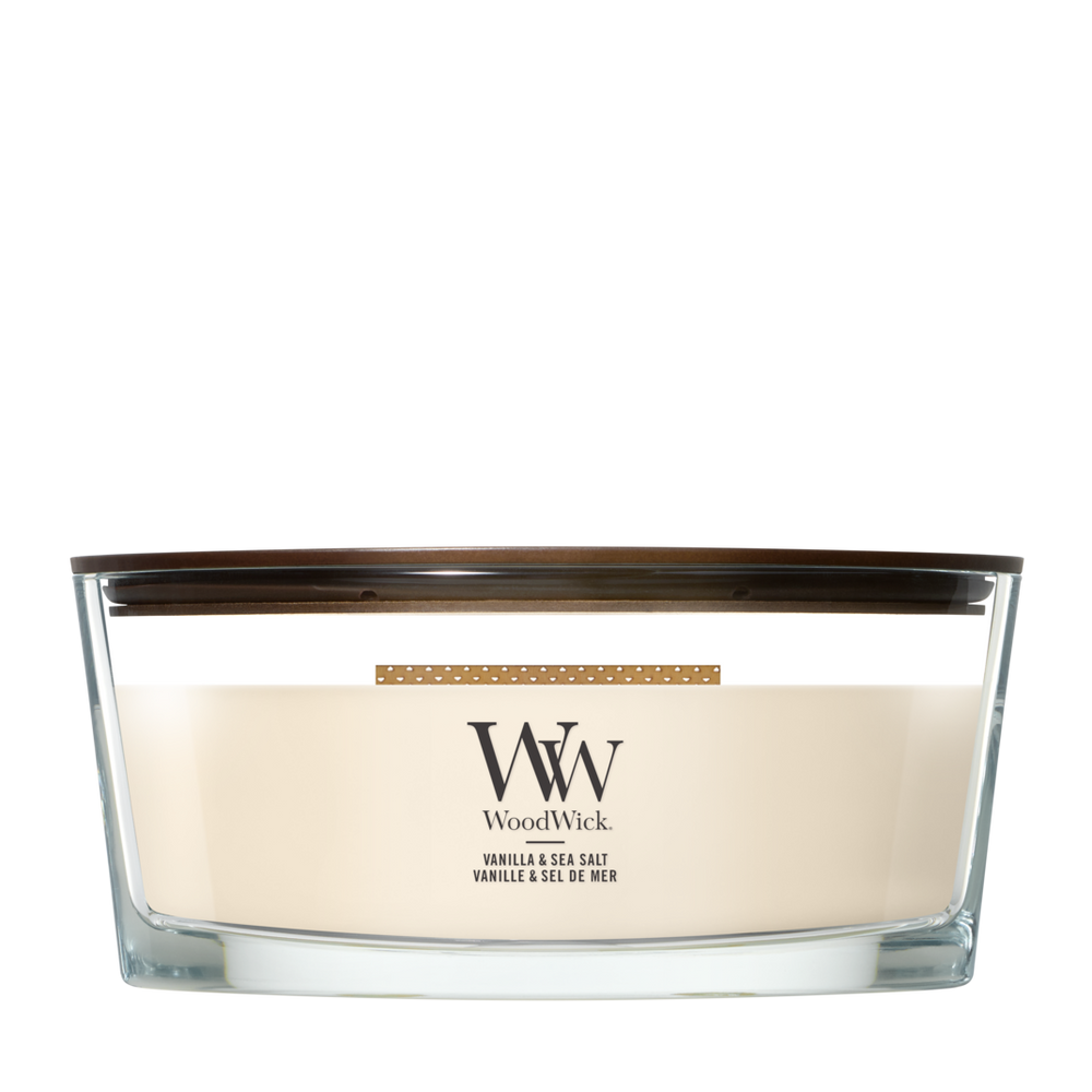Bougie parfumée WoodWick Ellipse Vanilla & Sea Salt - 9 cm / 19 cm - Bougie parfumée en verre - Mèche en bois