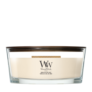 Bougie parfumée WoodWick Ellipse Vanilla & Sea Salt - 9 cm / 19 cm - Bougie parfumée en verre - Mèche en bois