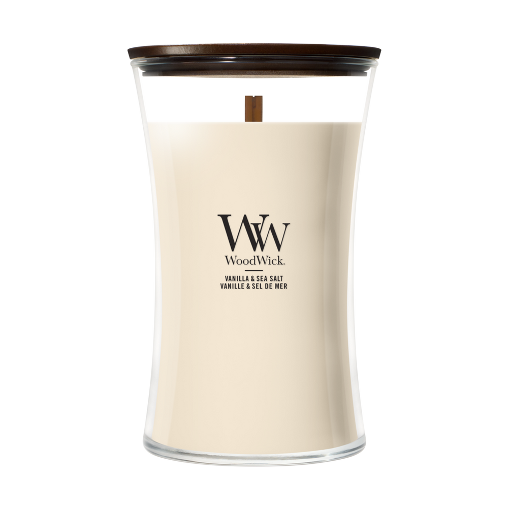 Bougie Parfumée WoodWick Grande Vanilla & Sea Salt - 18 cm / ø 10 cm - Bougie Parfumée en Verre - Mèche en Bois