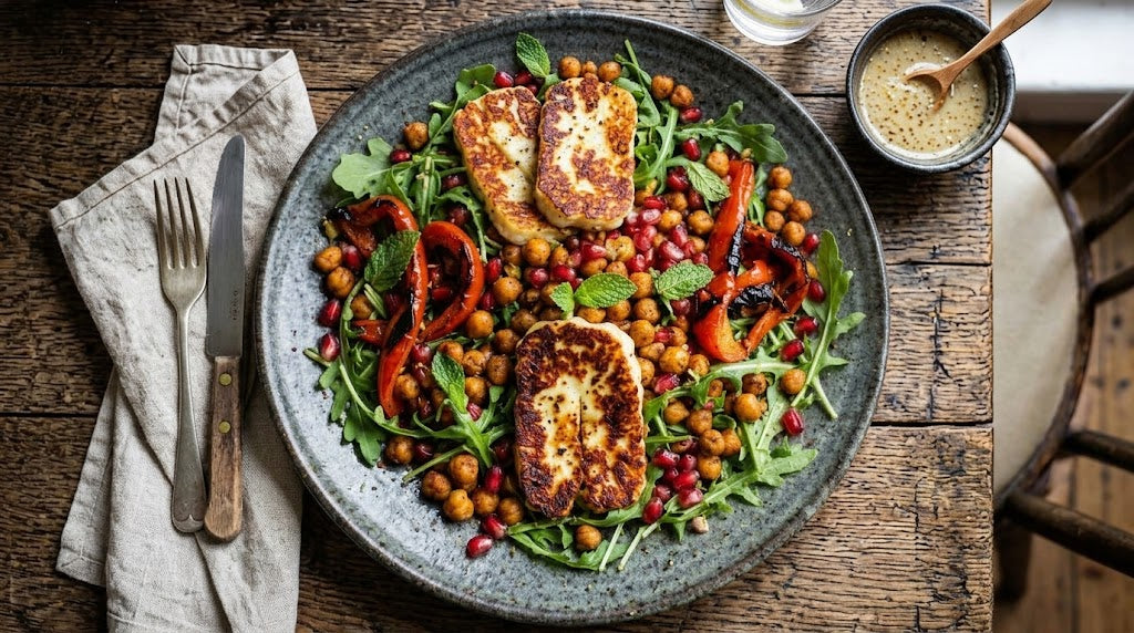 Halloumi doré sur un lit de légumes tièdes avec une touche fumée.
