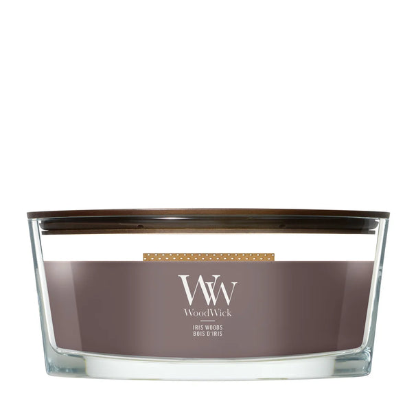Bougie parfumée WoodWick Ellipse Iris Woods - 9 cm / 19 cm - Bougie parfumée en verre - Mèche en bois