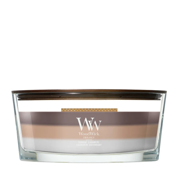 Bougie parfumée WoodWick Ellipse Trilogy Radiant Cashmere - 9 cm / 19 cm - Bougie parfumée en verre - Mèche en bois
