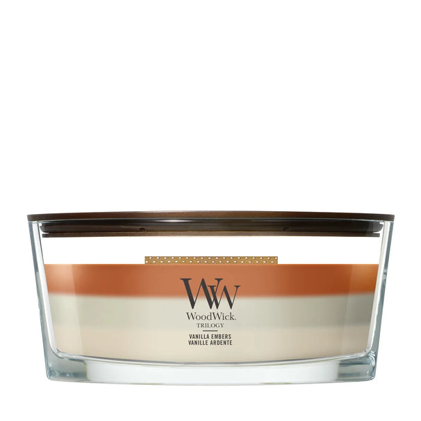 Bougie parfumée WoodWick Ellipse Trilogy Vanilla Embers - 9 cm / 19 cm - Bougie parfumée en verre - Mèche en bois