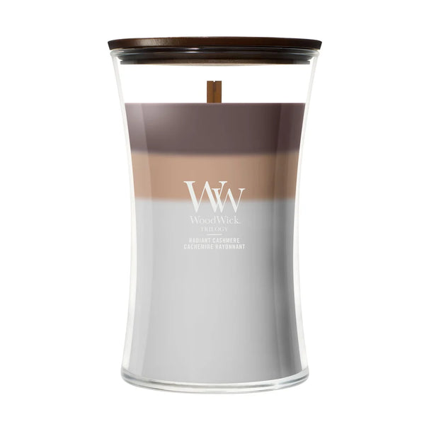 Bougie parfumée WoodWick Large Trilogy Radiant Cashmere - 18 cm / ø 10 cm - Bougie parfumée en verre - Mèche en bois