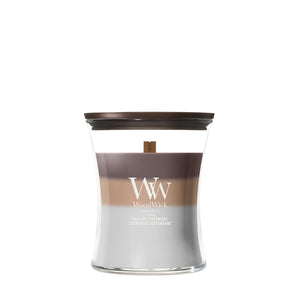 Bougie Parfumée WoodWick Medium Trilogy Radiant Cashmere - 11 cm / ø 10 cm - Bougie en Verre - Mèche en Bois