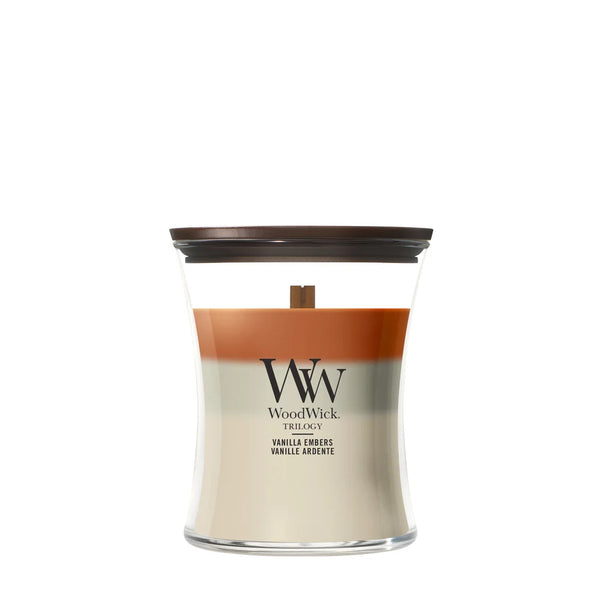 Bougie parfumée WoodWick Medium Trilogy Vanilla Embers - 11 cm / ø 10 cm - Bougie parfumée en verre - Mèche en bois