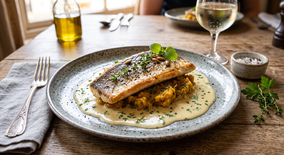 Poisson élégant avec une sauce veloutée et une courge sucrée