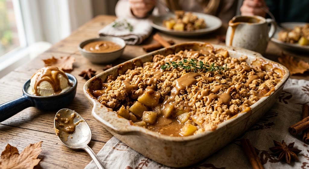 Crumble croustillant, poires et pommes fondantes, et une sauce speculoos tiède : l'automne à son meilleur.