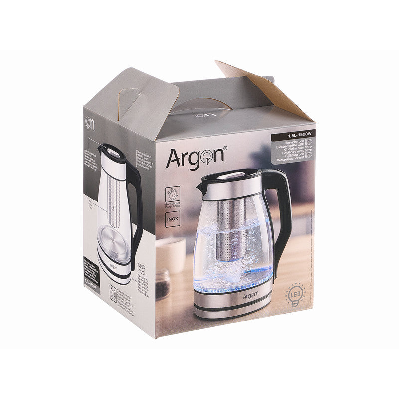Bouilloire électrique Argon en verre / inox avec filtre - 1,5 litre - 1500 W