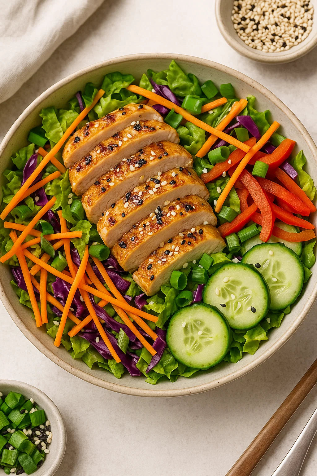 Savourez une salade fraîche et colorée avec un poulet tendre et une vinaigrette soja-gingembre relevée.