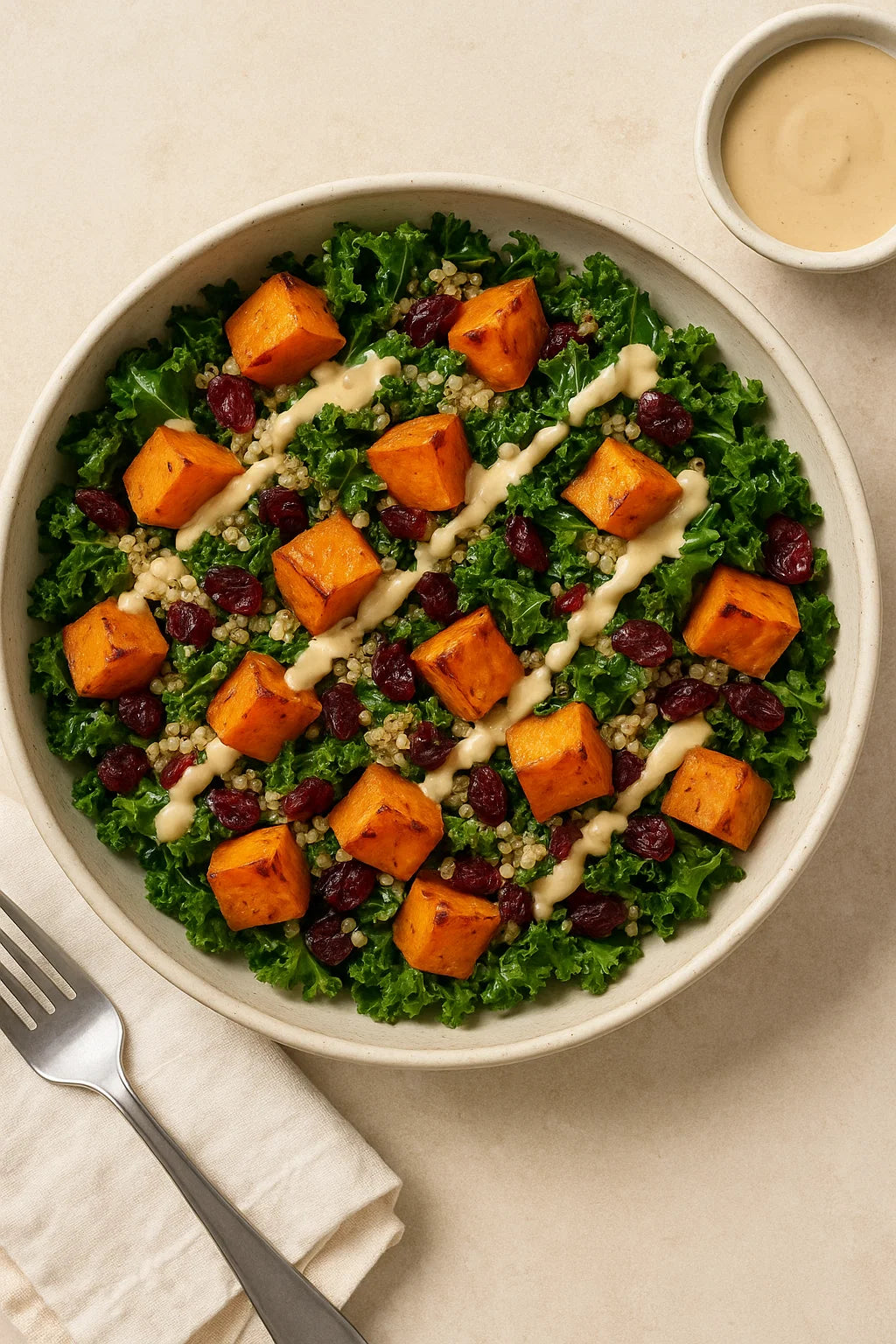 Une salade tiède et nourrissante avec de la patate douce rôtie, du chou kale et une vinaigrette crémeuse au tahini